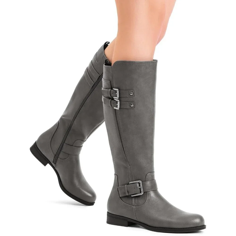 🆕Women's Faux Leather Grey Knee High Buckle Chunky Heel Flat Riding Pirate Boot